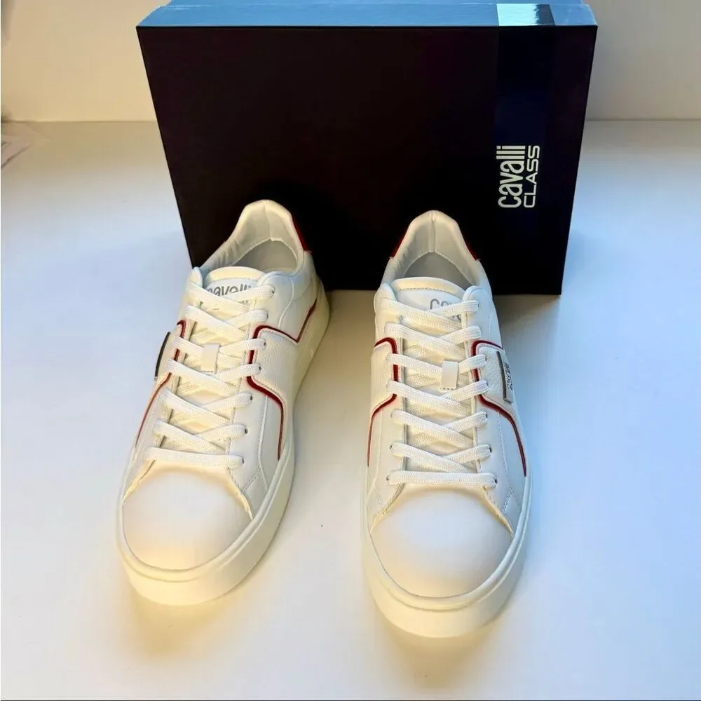 NWT Roberto Cavalli metal logo low top men sneaker in white with red accent Size